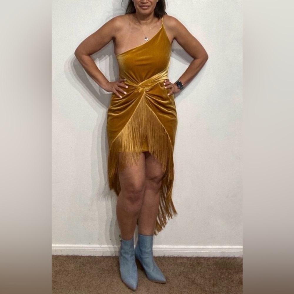 Asos Mustard Velvet One Shoulder Fringe Midi Dress Sz M